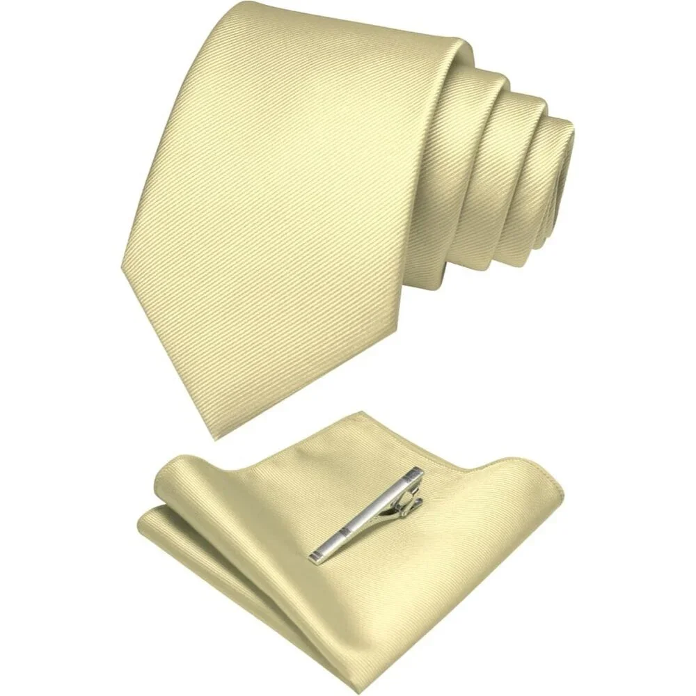 Men's Light Yellow Solid Color Formal Necktie And Pocket Square Tie Clip Sets